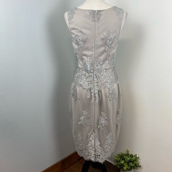 Eva Franco Silver Floral Embroidered Tulle Sleeveless Sheath Dress Size 2 - Picture 5 of 8